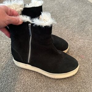 J Slides Tristan Black Ankle Boots with White Fur Trim